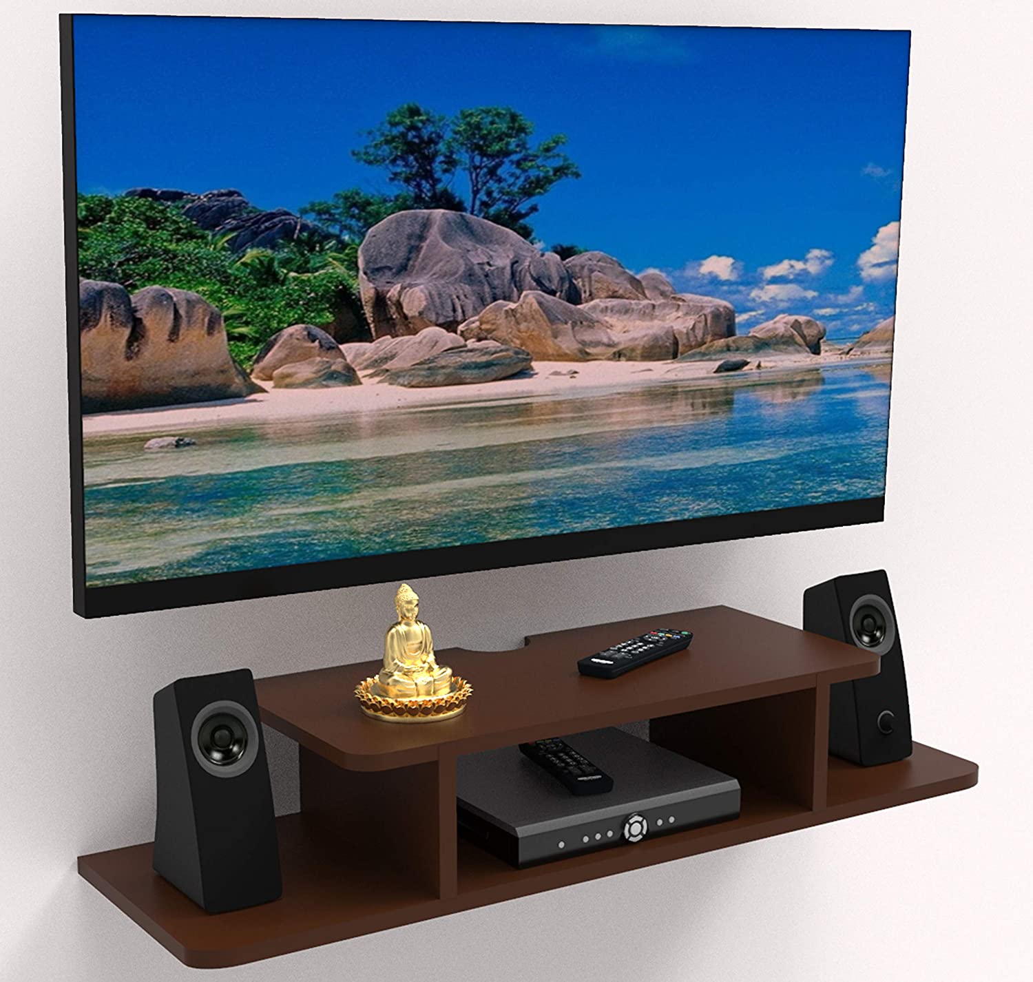 FABULO WOODEN FLOATING TV ENTERTAINMENT UNIT - WALL MOUNTED STAND FOR SET TOP BOX, WALL HANGING STORAGE SHELF/CABINET/RACK FOR HOME, BEDROOM, LIVING ROOM – BROWN