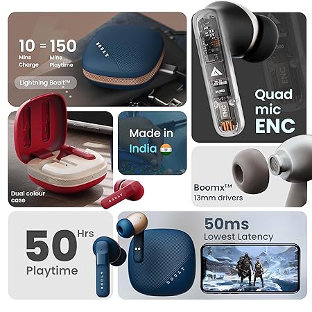 BOULT AUDIO NEWLY LAUNCHED W50 BLUETOOTH TRULY WIRELESS IN EAR EARBUDS WITH 50H PLAYTIME, QUAD MIC ENC, 45MS LOW LATENCY GAMING, DUAL TONE FAST CHARGING CASE, 13MM BASS DRIVERS, IPX5 TWS (BLUE LUSTRE)