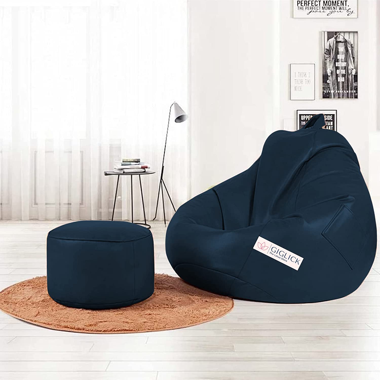 GIGLICK BRAND- THE LOTUS STORE BEAN BAG & FOOTREST FILLED WITH BEANS/FILLERS XXXL, NAVY BLUE