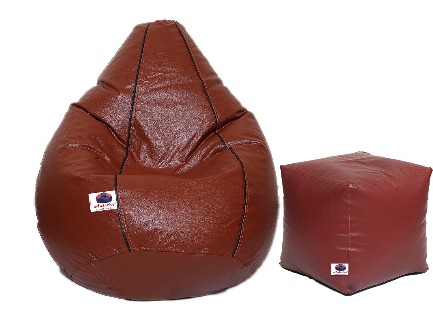 AUTARKY SUPER LEATHERETTE BEAN BAG COVER AND PUFFY COVER (SET OF 2, WITHOUT BEANS) (L, TAN WITH BLACK PIPING)