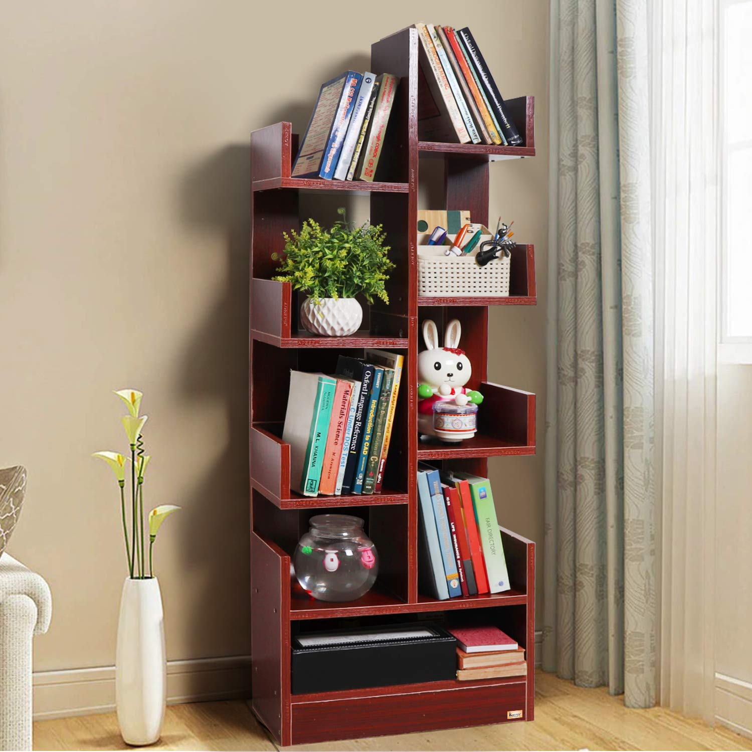 KURTZY MDF WOOD DIY BOOK STORAGE DISPLAY RACK, MATTE FINISH BROWN (47 X 21 X 131 CM) , SET OF 1