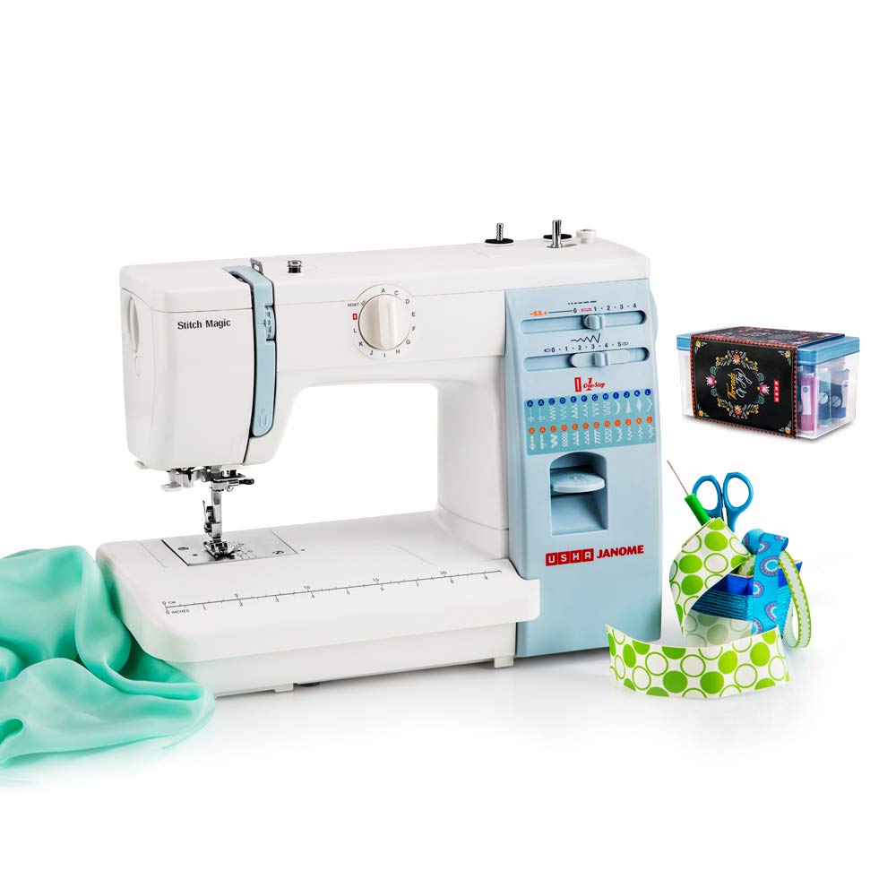 USHA JANOME AUTOMATIC STITCH MAGIC SEWING MACHINE (WHITE AND BLUE) WITH FREE SEWING KIT WORTH RS 500