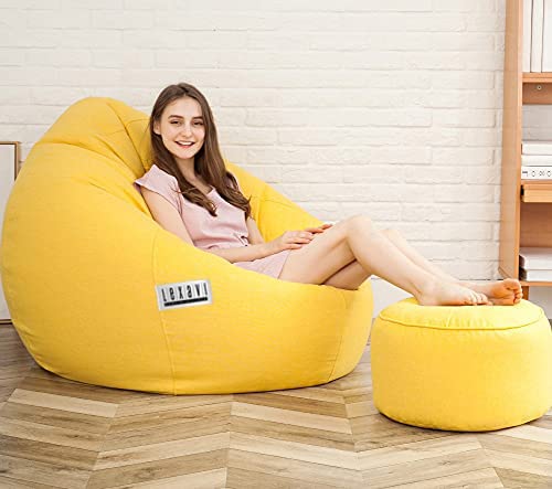 LEXAVI BRAND - FAUX SUPER LEATHER XXXL COMBO BEANBAG WITH FOOT-STOOL PREFILLED WITH HIGH DENSITY ORIGINAL QUALITY BEANS (YELLOW)