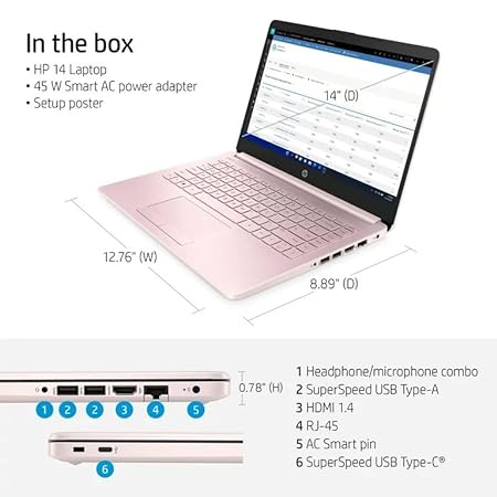 HP 2023 14-INCH HD LAPTOP, INTEL CELERON N4120, 16GB RAM, 64 GB STORAGE, WINDOWS 11 HOME, THIN & PORTABLE, 4K GRAPHICS, ONE YEAR OF MICROSOFT 365, PINK