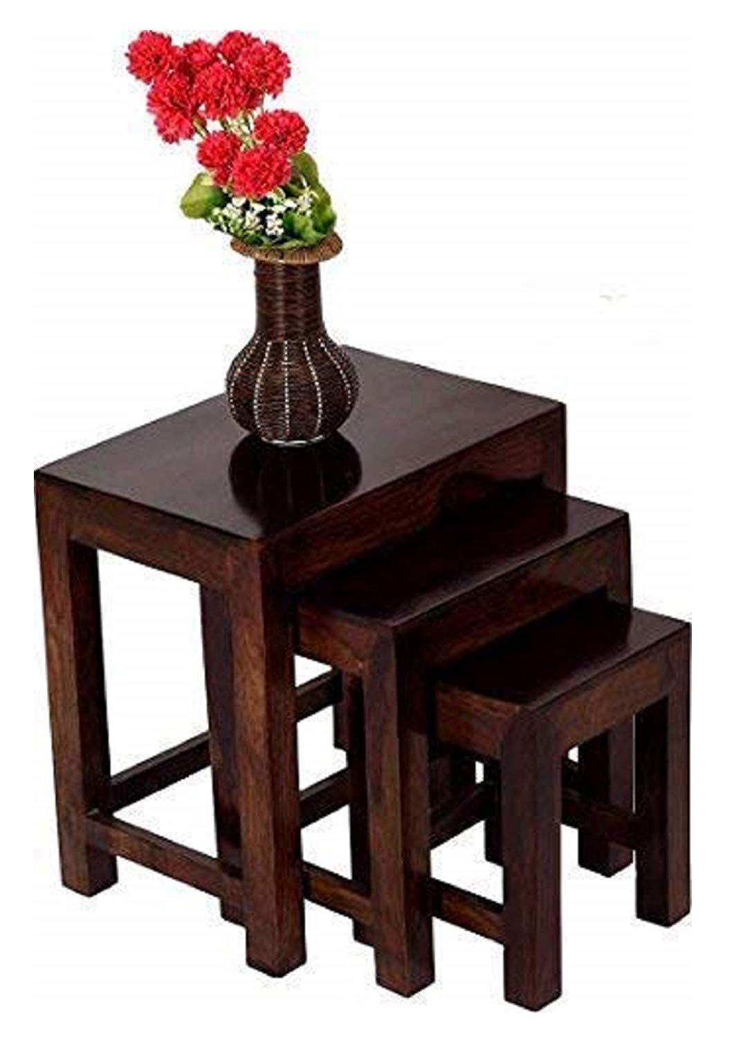 HOME AND BAZAAR SHEESHAM WOOD PRE-ASSEMBLE STOOL NESTING BEDSIDE TABLE (WALNUT FINISH) - SET OF 3 (45X30X45 CM / 18X12X18 INCH)