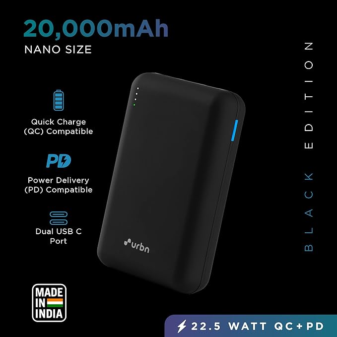 URBN 20000 MAH PREMIUM BLACK EDITION NANO POWER BANK | 22.5W SUPER FAST CHARGING | POCKET SIZE| DUAL TYPE C POWER DELIVERY (PD) OUTPUT + 1 USB OUTPUT FOR QUICK CHARGE | TWO-WAY FAST CHARGE (BLACK)