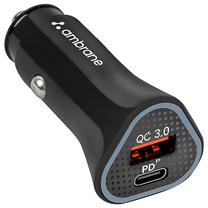 AMBRANE 38W FAST CAR CHARGER WITH QUICK CHARGE 3.0 AND POWER DELIVERY, TYPE-C & USB PORT, WIDE COMPATIBILITY FOR CELLULAR PHONES (RAAP C11, BLACK)