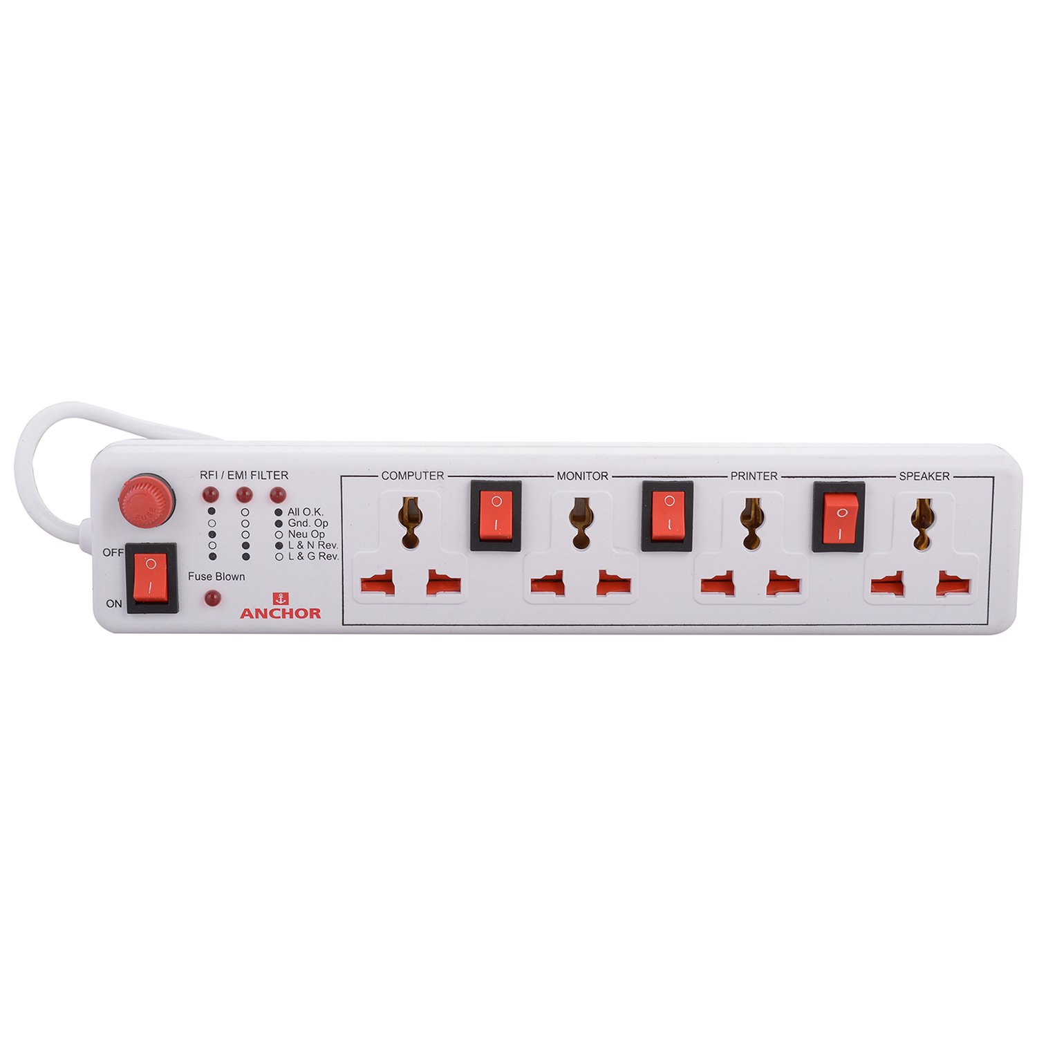 ANCHOR 1500W 4 WAY POWER STRIP WITH INDIVIDUAL SWITCH (250V, MULTICOLOUR)