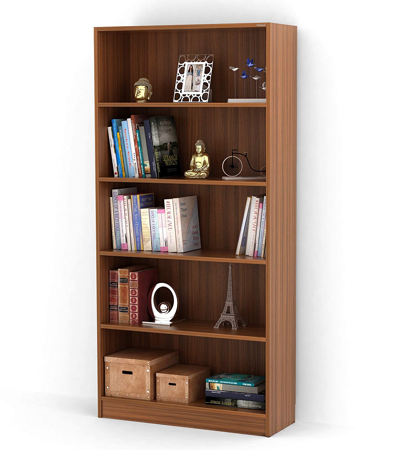 BLUEWUD ALEX ENGINEERED WOOD BOOKSHELF STORAGE CABINET, BOOK RACK, 5 SHELVES (WALNUT)