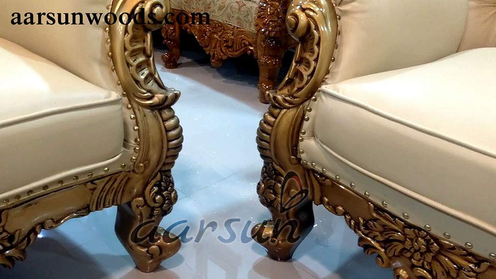 AARSUN ROYAL 5 SEATER SOFA SET | TRADITIONALLY HAND CARVED COUCH IN GOLD AND CREAM LEATHERETTE