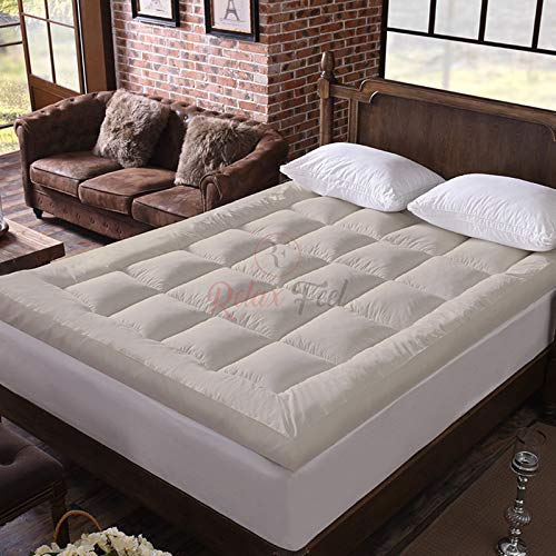 RELAXFEEL 600 GSM MICROFIBER QUILTED 5 STAR COTTON DOUBLE BED SOFT WATERPROOF QUILTED MATTRESS TOPPER / PADDING FOR COMFORTABLE SLEEP - BEIGE - DOUBLE BED SIZE - 72 INCHE X 75 INCHE