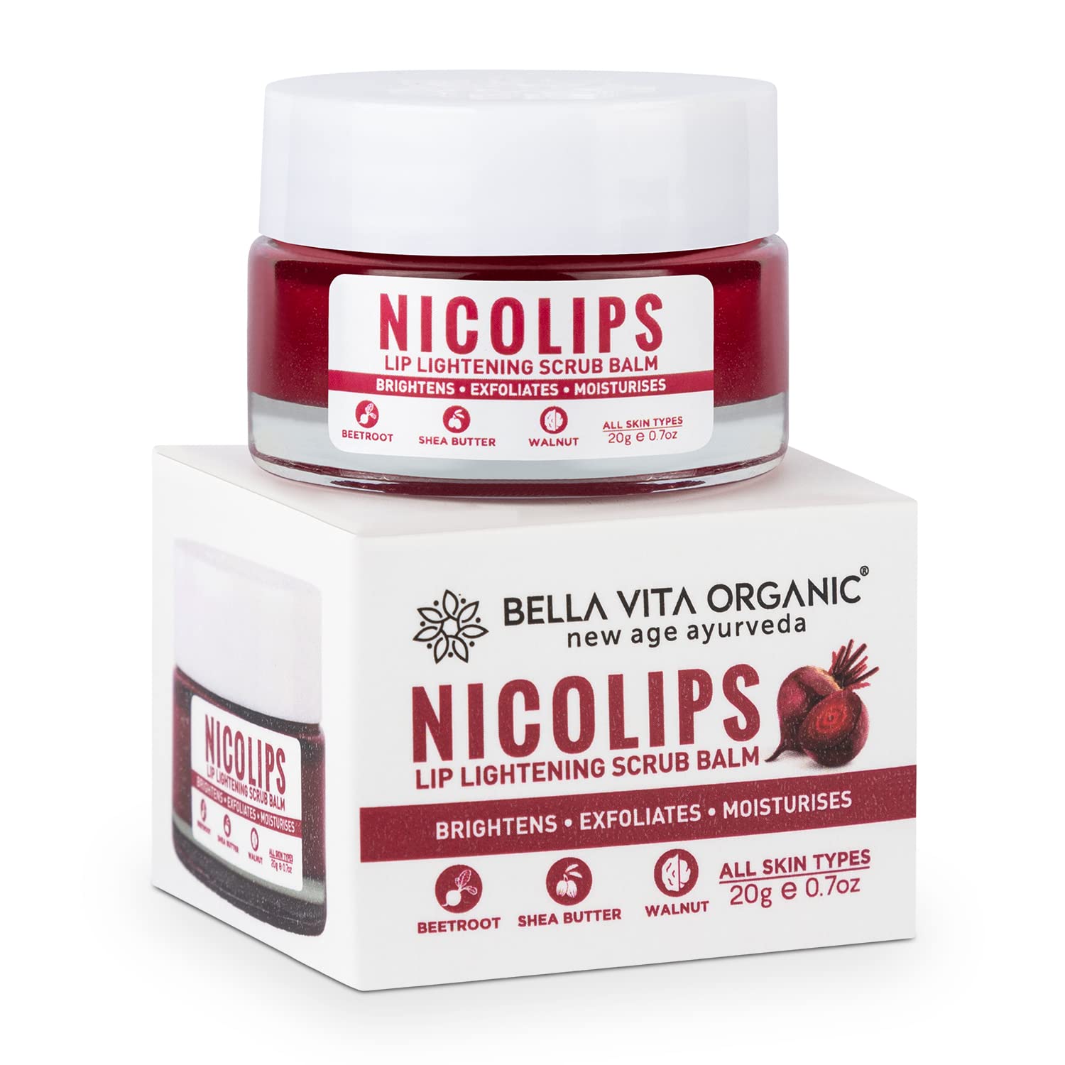 BELLA VITA ORGANIC NICOLIPS LIP SCRUB BALM LIGHTENING AND BRIGHTENING DARK LIPS FOR MEN AND WOMEN DRY LIPS / SMOKER / CHAPPED LIP & LIPSTICK STAINS REMOVAL LIPCARE , 20 G