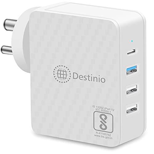 DESTINIO MULTI CHARGER FOR MOBILE PHONES, TYPE C FAST CHARGER ADAPTER WITH 4 USB (33.5W TOTAL), COMPATIBLE WITH ALL PHONES INCLUDING IPHONE, SAMSUNG, REALME, VIVO, OPPO, LG,IPAD (WHITE-SINGLE PC)