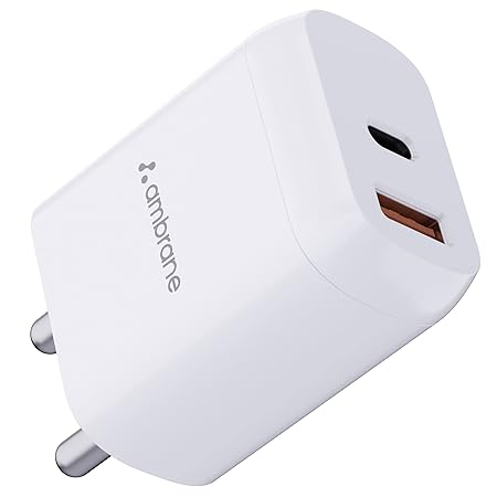 AMBRANE 30W USB & TYPE-C DUAL PORT BOOSTED SPEED MOBILE CHARGER ADAPTER, FAST CHARGER WITH QC & PD TECHNOLOGY, COMPATIBILITY WITH IPHONE & ANDROID, MADE IN INDIA, COMPACT & DURABLE(RAAP H33, WHITE)