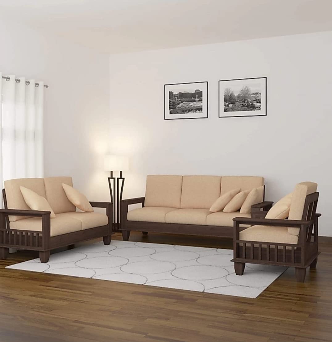 NK FURNITURE SOLID SHEESHAM WOOD STANDARD SOFA SET 6 SEATER FURNITURE WOODEN 6 SEATER SOFA SET (3+2+1) TEAK WOOD SOFA SET FURNITURE | HOME LIVING ROOM WITH CUSHIONS - WALNUT FINISH