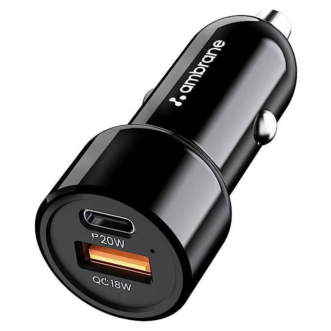 AMBRANE 38W FAST CAR CHARGER WITH DUAL OUTPUT, QUICK CHARGE 3.0 AND POWER DELIVERY, TYPE-C & USB PORT, WIDE COMPATIBILITY FOR SMART PHONES (RAAP C38 A, BLACK)