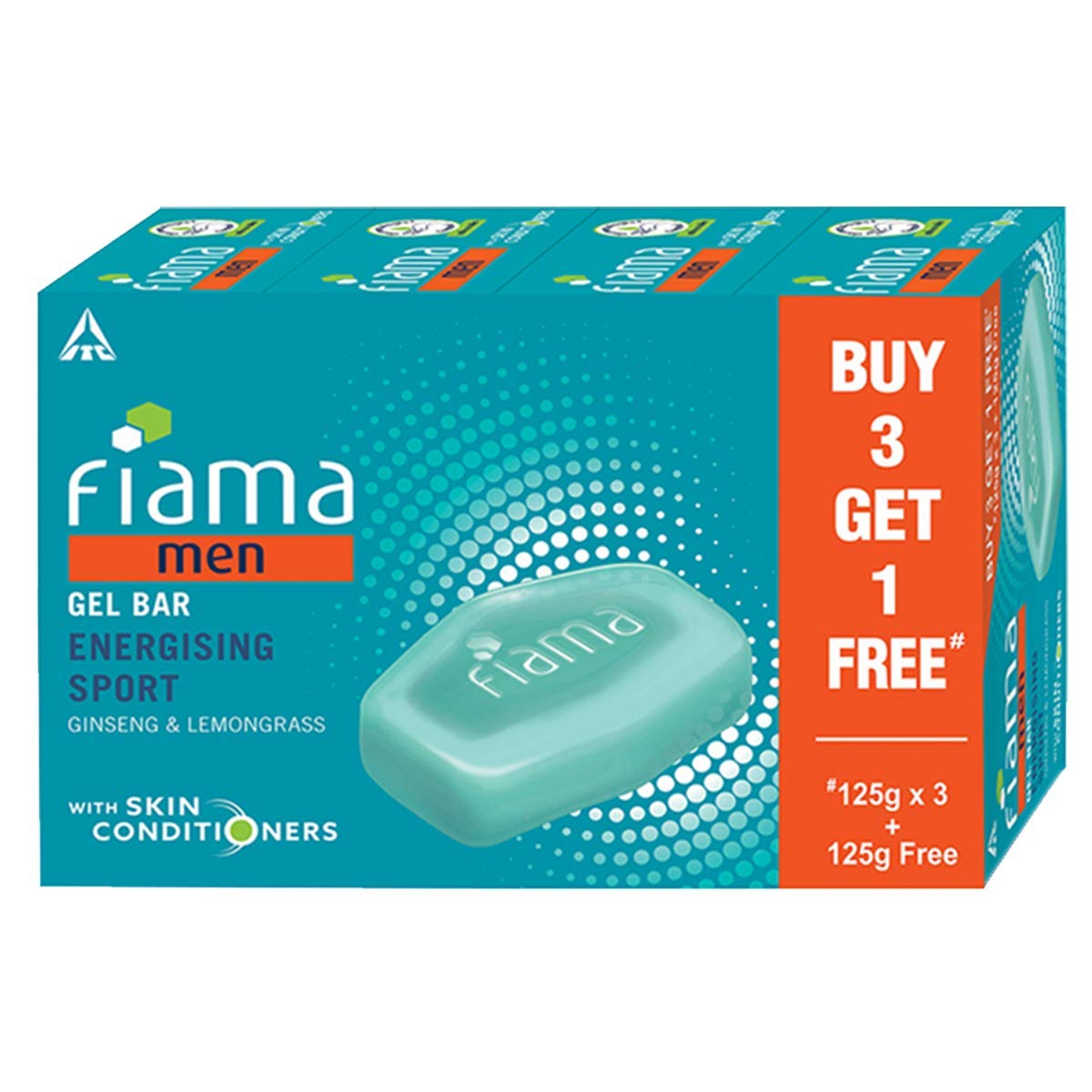 FIAMA MEN ENERGIZING SPORT GEL BAR, WITH GINSENG, LEMONGRASS & SKIN CONDITIONERS, 125G (BUY 3 GET 1 FREE)