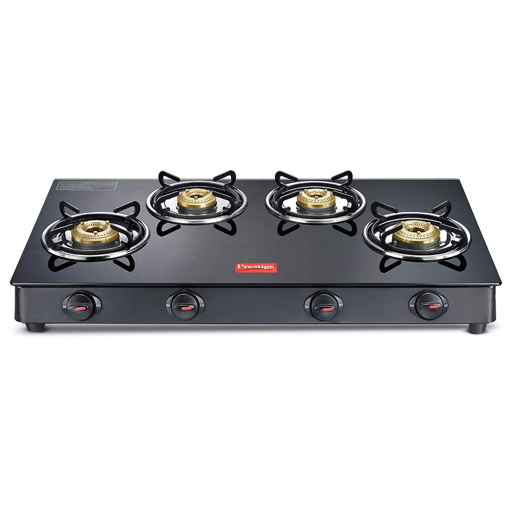 PRESTIGE MAGIC 4 BURNER GAS STOVE- GTMC 04 L, BLACK COLOUR, GLASS, MANUAL