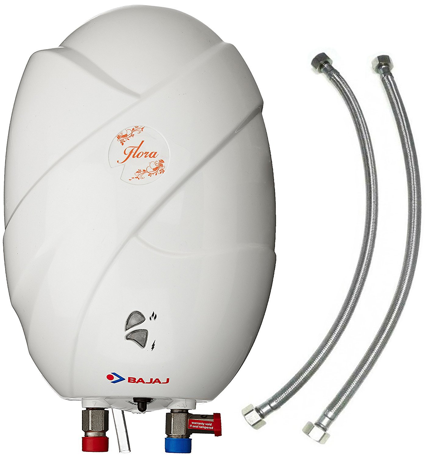 BAJAJ FLORA 3L 3KW ABS PLASTIC INSTANT WATER HEATER WITH 24-INCH STAINLESS STEEL CONNECTION PIPES (WHITE)