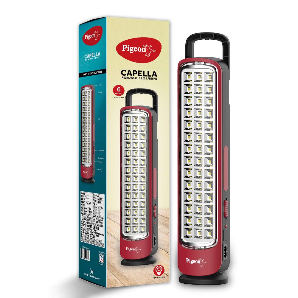 PIGEON CAPELLA LED RECHARGEABLE EMERGENCY LAMP WITH 2 X 1600 MAH BATTERY AND 8 HOURS BACKUP (RED)