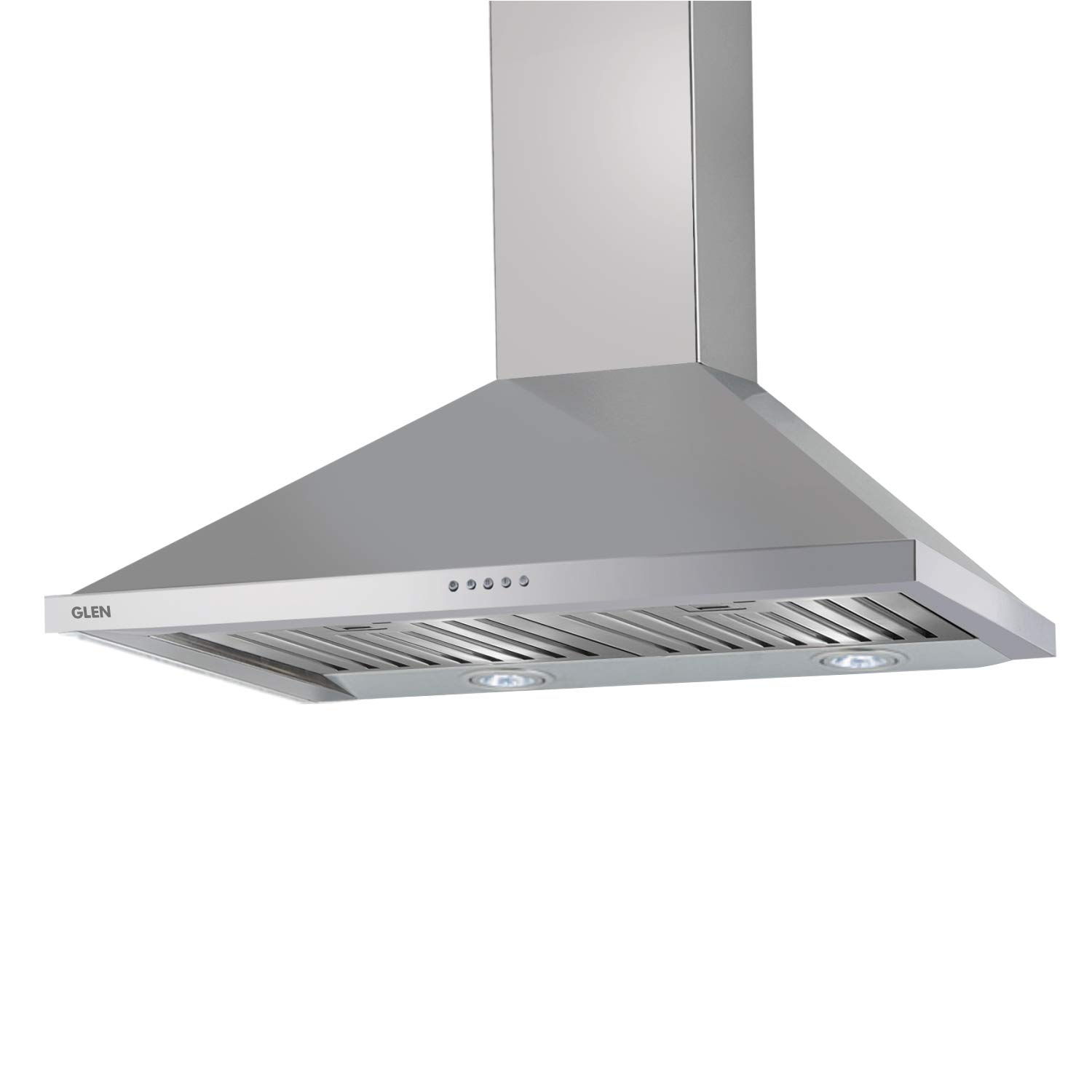 GLEN 60CM 1250 M³/HR PYRAMID KITCHEN CHIMNEY PUSH BUTTONS BAFFLE FILTERS (6054 SS, SILVER)