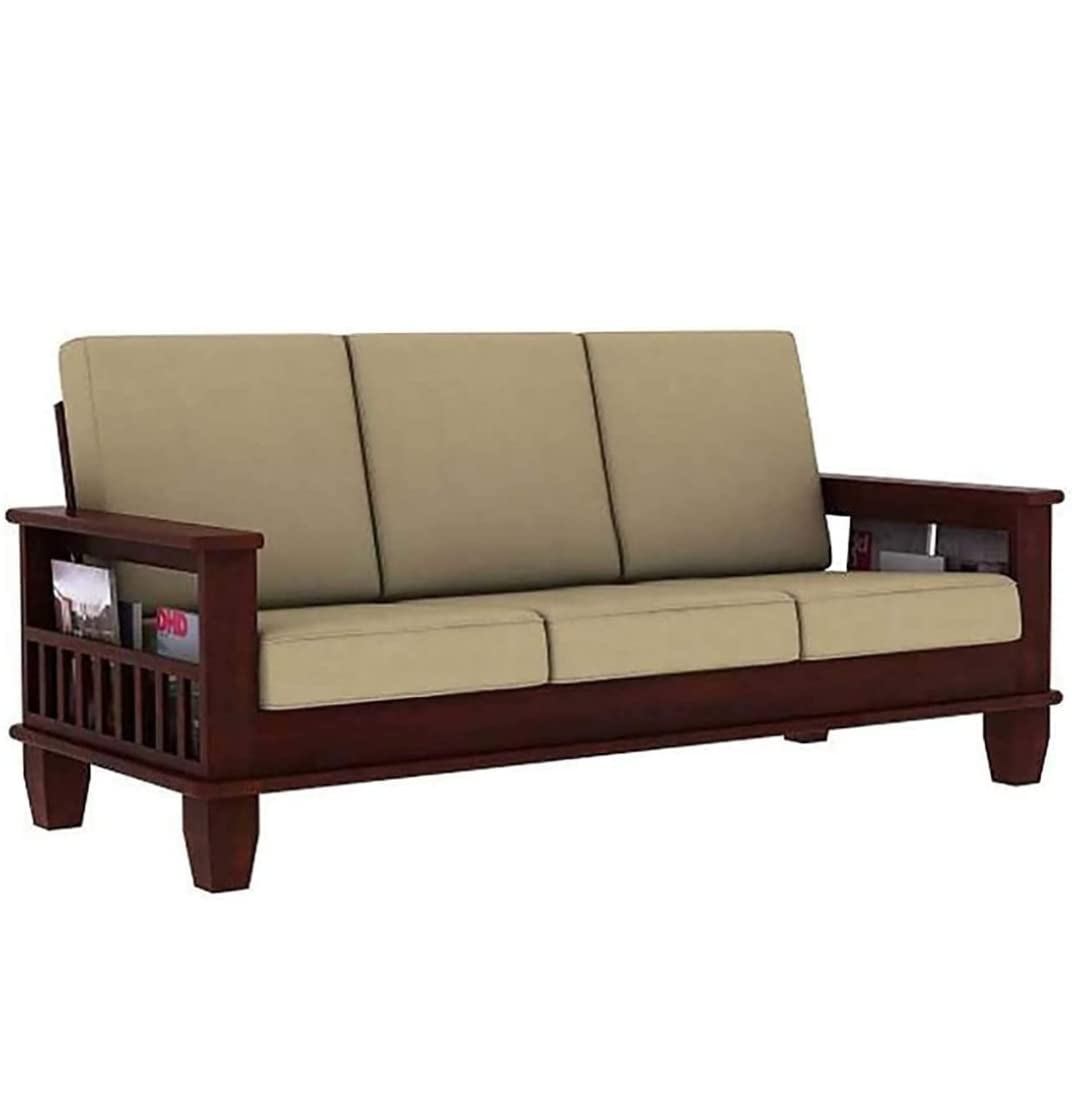 NK FURNITURE WOODEN SHEESHAM TEAK WOOD SOFA SET 3 SEATER | FURNITURE LIVING ROOM | 3 SEATER SOFA SET WOODEN | OFFICE FURNITURE SOFA SET | WITHOUT PILLOW | CREAM CUSHIONS | MAHOGANY FINISH