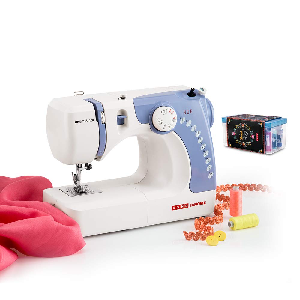 USHA JANOME DREAM STITCH AUTOMATIC ZIG-ZAG ELECTRIC SEWING MACHINE (WHITE AND BLUE) WITH FREE SEWING KIT WORTH RS 500