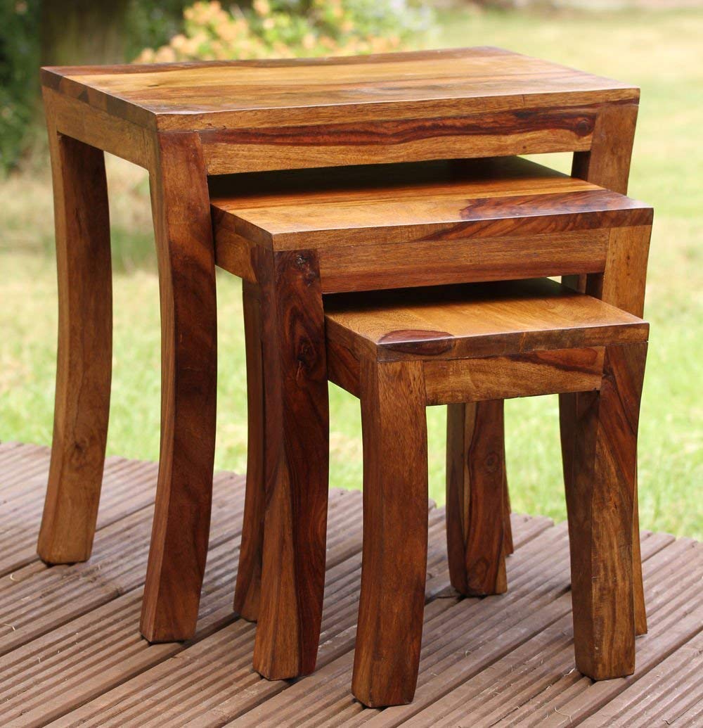 MODWAY SHEESHAM WOOD NESTING TABLES SET OF 3 STOOLS FOR LIVING ROOM (HONEY FINISH)