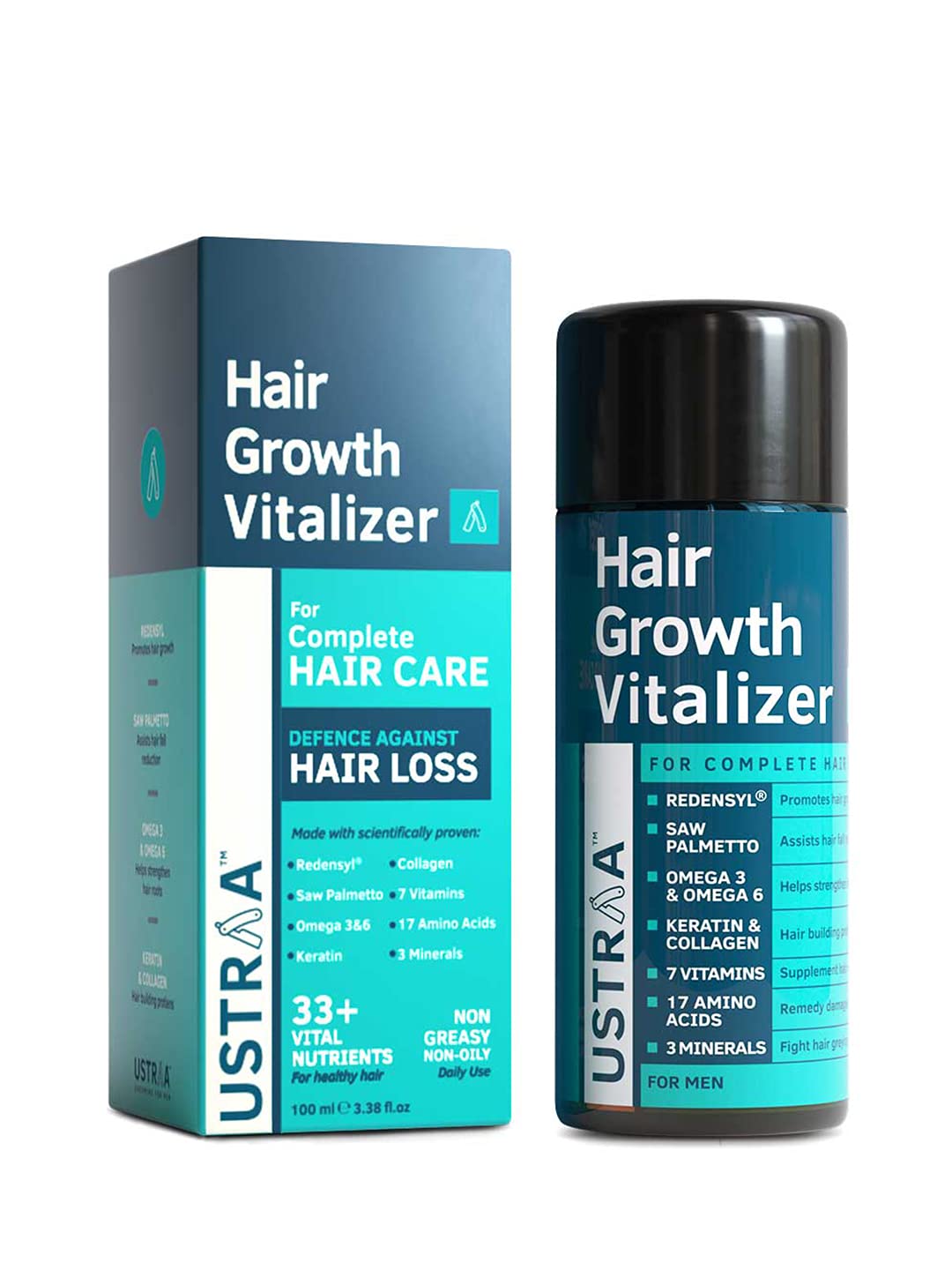 USTRAA HAIR GROWTH VITALIZER 100ML - BOOSTS HAIR GROWTH, PREVENTS HAIR FALL- HAIR OIL WITH REDENSYL, SAW PALMETTO, WHEATGERM & JOJOBA OIL, NO SULPHATES, NO PARABENS, NO SILICONE, NO MINERAL OIL