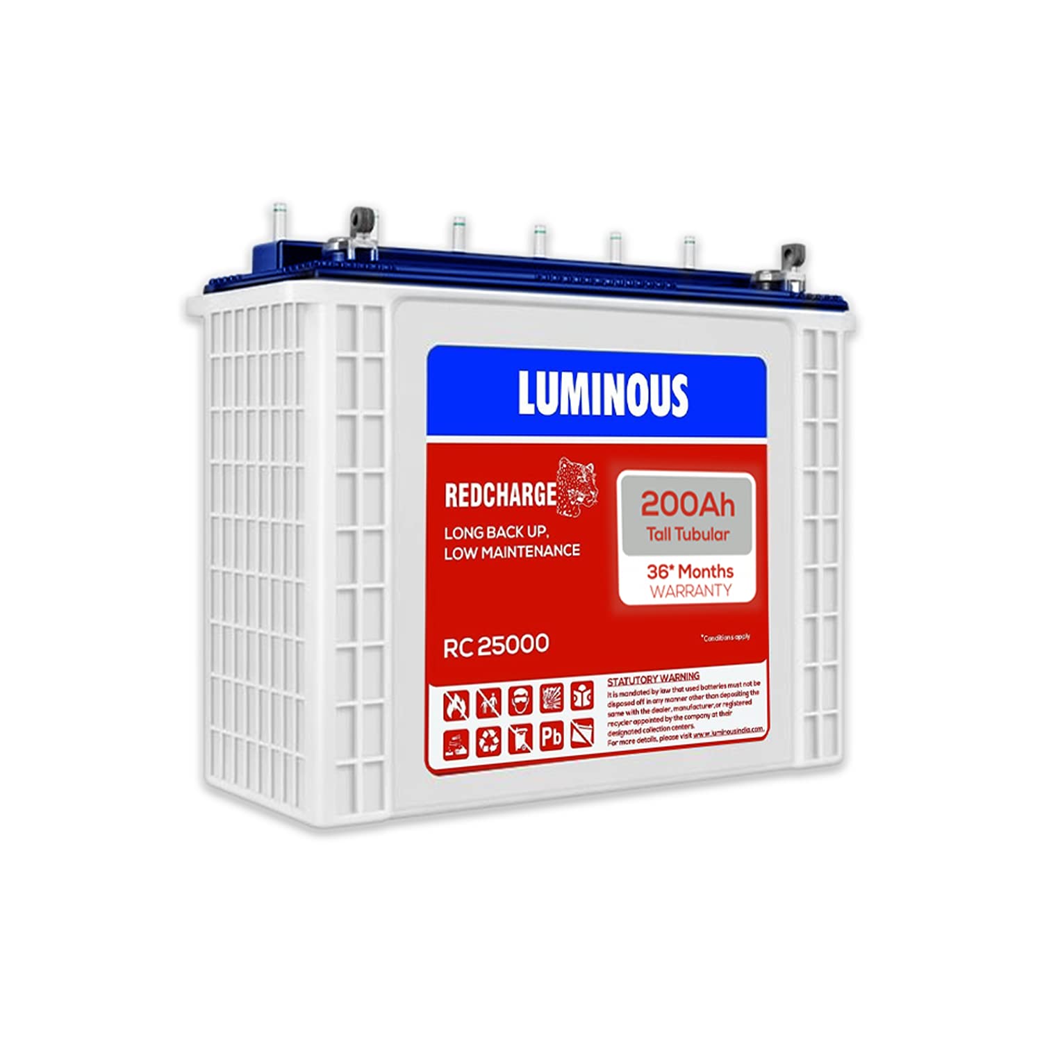 LUMINOUS RED CHARGE RC 25000 200 AH, RECYCLABLE TALL TUBULAR INVERTER BATTERY FOR HOME, OFFICE & SHOPS (BLUE & WHITE)