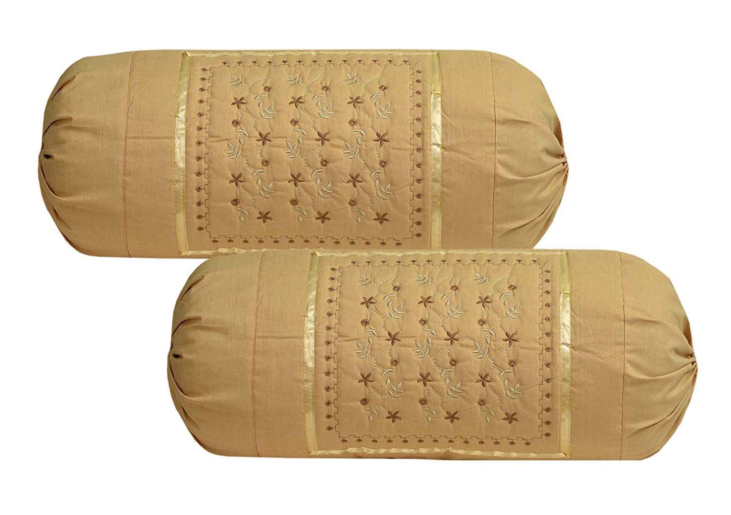 RJ PRODUCTSâ„¢ COTTON EMBROIDERY BOLSTERS COVERS (BEIGE_ZARI, PACK OF 2)