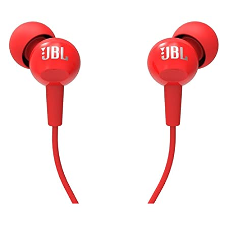 JBL C100SI WIRED IN EAR HEADPHONES WITH MIC, JBL PURE BASS SOUND, ONE BUTTON MULTI-FUNCTION REMOTE, PREMIUM METALLIC FINISH, ANGLED BUDS FOR COMFORT FIT (RED)