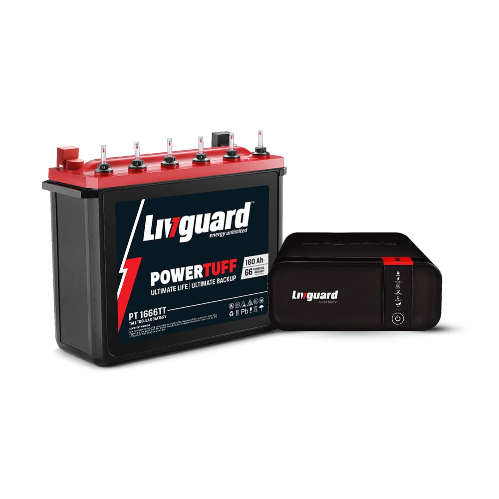 LIVGUARD INVERTER AND BATTERY COMBO WITH MAXIMUM WARRANTY & EXTRA BACKUP, INVERTER WITH SMART ARTIFICIAL INTELLIGENCE (LGS1100PV 900VA SINEWAVE INVERTER, PT 1666TT 160AH TALL TUBULAR BATTERY)