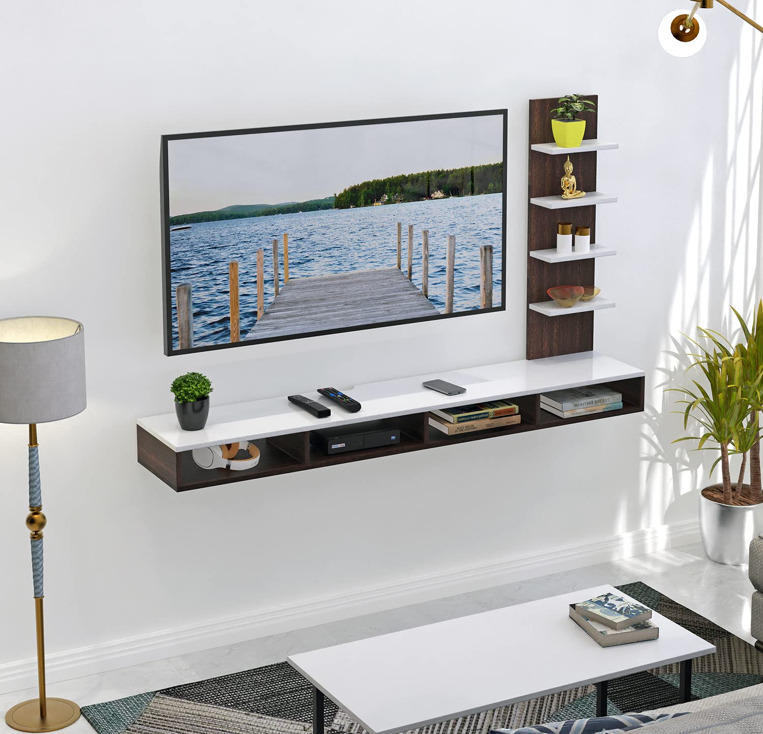 BLUEWUD PRIMAX ENGINEERED WOOD TV ENTERTAINMENT WALL UNIT WENGE & WHITE, LARGE, FOR UPTO 55