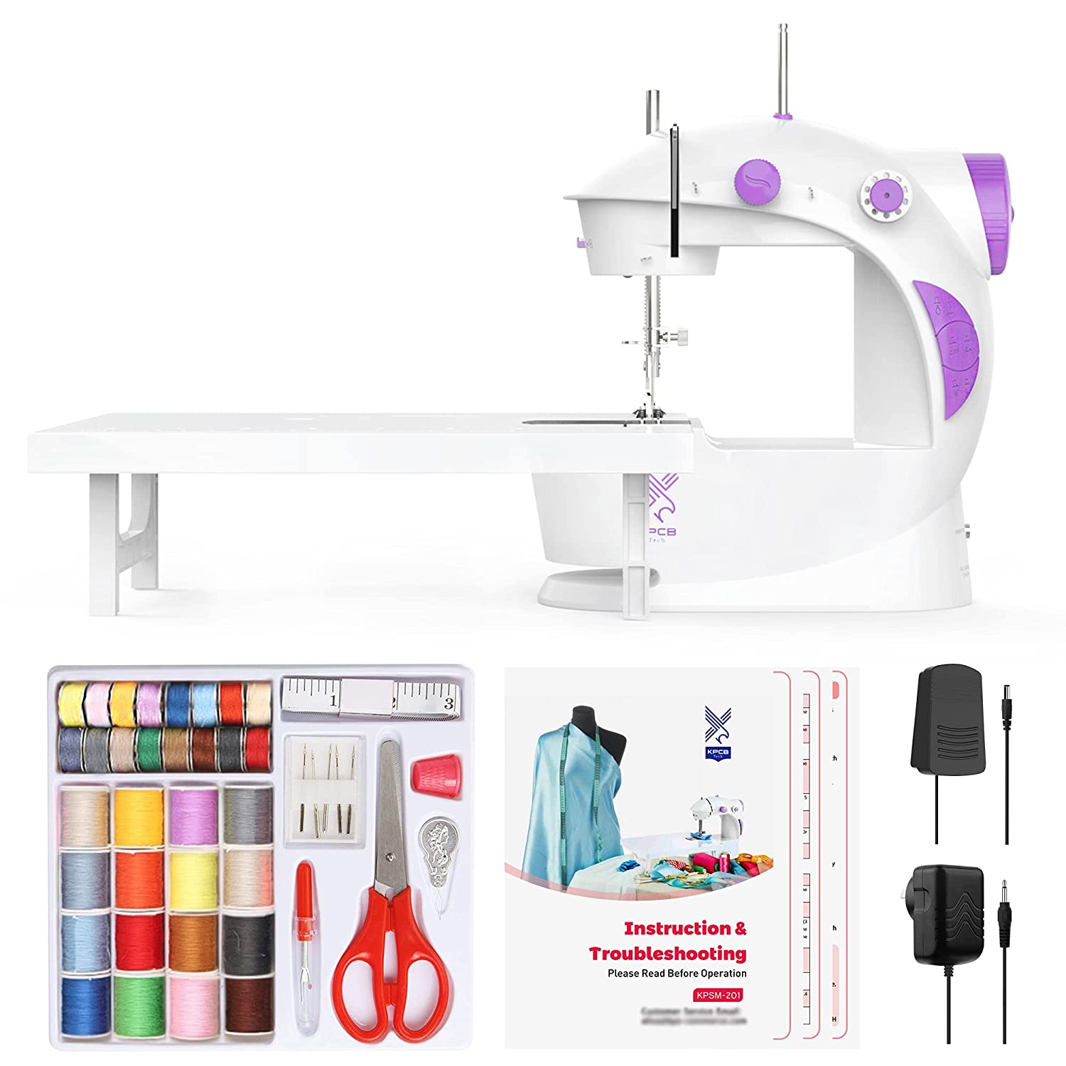 KPCB TECH SEWING MACHINE MINI WITH EXTENSION TABLE AND SEWING KIT FOR HOME TAILORING, NEW VERSION (PURPLE)