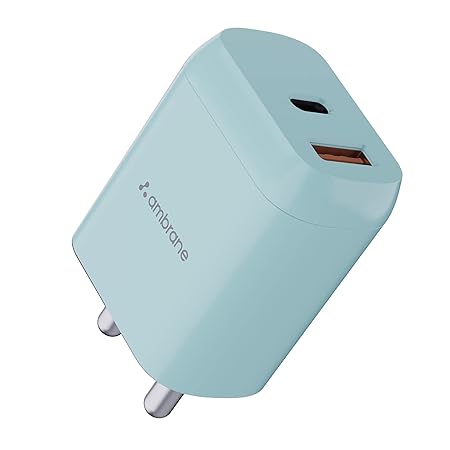 AMBRANE 20W DUAL OUTPUT FAST CHARGER/ADAPTER WITH QC & PD TECHNOLOGY FOR IPHONE, ANDROID & OTHER DEVICES, MADE IN INDIA, MULTI-LAYERS PROTECTION, COMPACT SIZE (RAAP H11, BLUE)