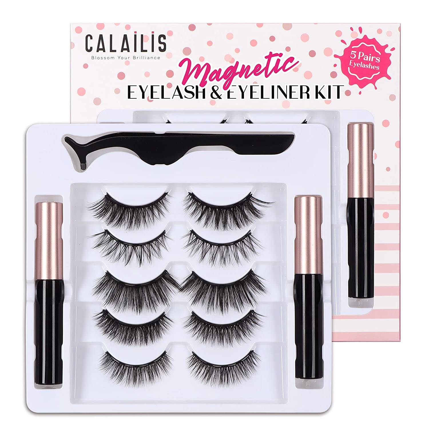 CALAILIS MAGNETIC FALSE EYELASH AND MAGNETIC EYELINER KIT, EYE MAKEUP WATERPROOF LIQUID EYE LINER, 3D FAUX MINK EYE LASHES NATURAL REUSABLE LASHES 5 PAIRS, FREE APPLICATOR(CY06)