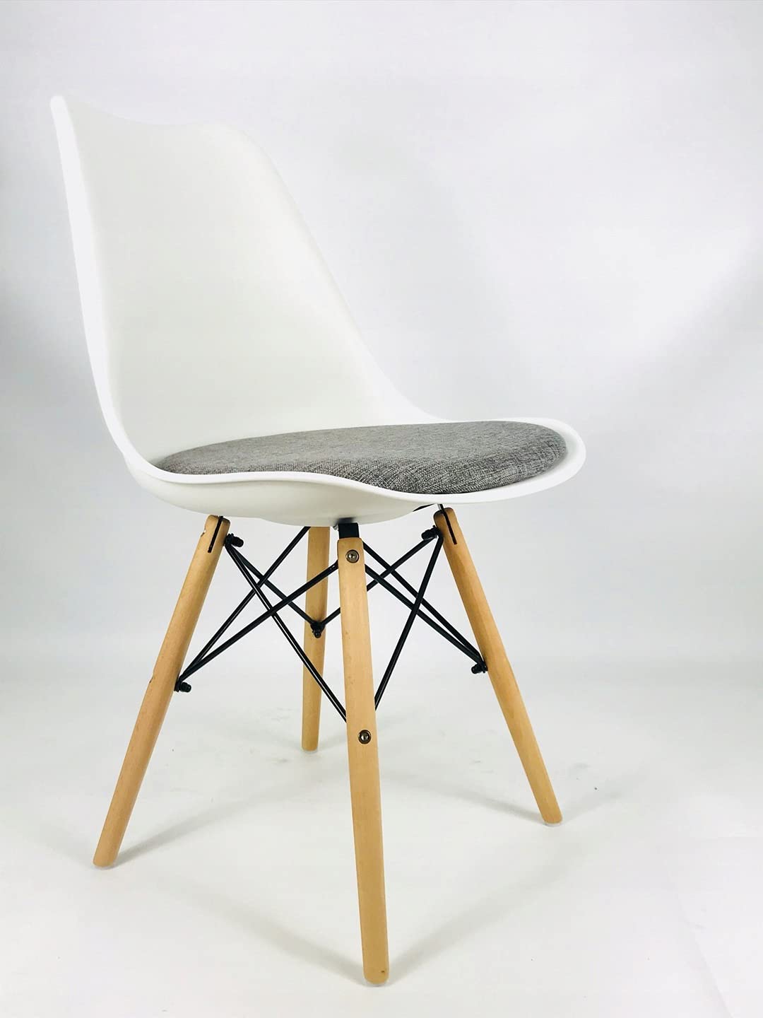 FINCH FOX EAMES REPLICA NORDAN DSW STYLISH MODERN PLASTIC CHAIR WITH WHITE SHELL & GREY FABRIC CUSHION COLOUR