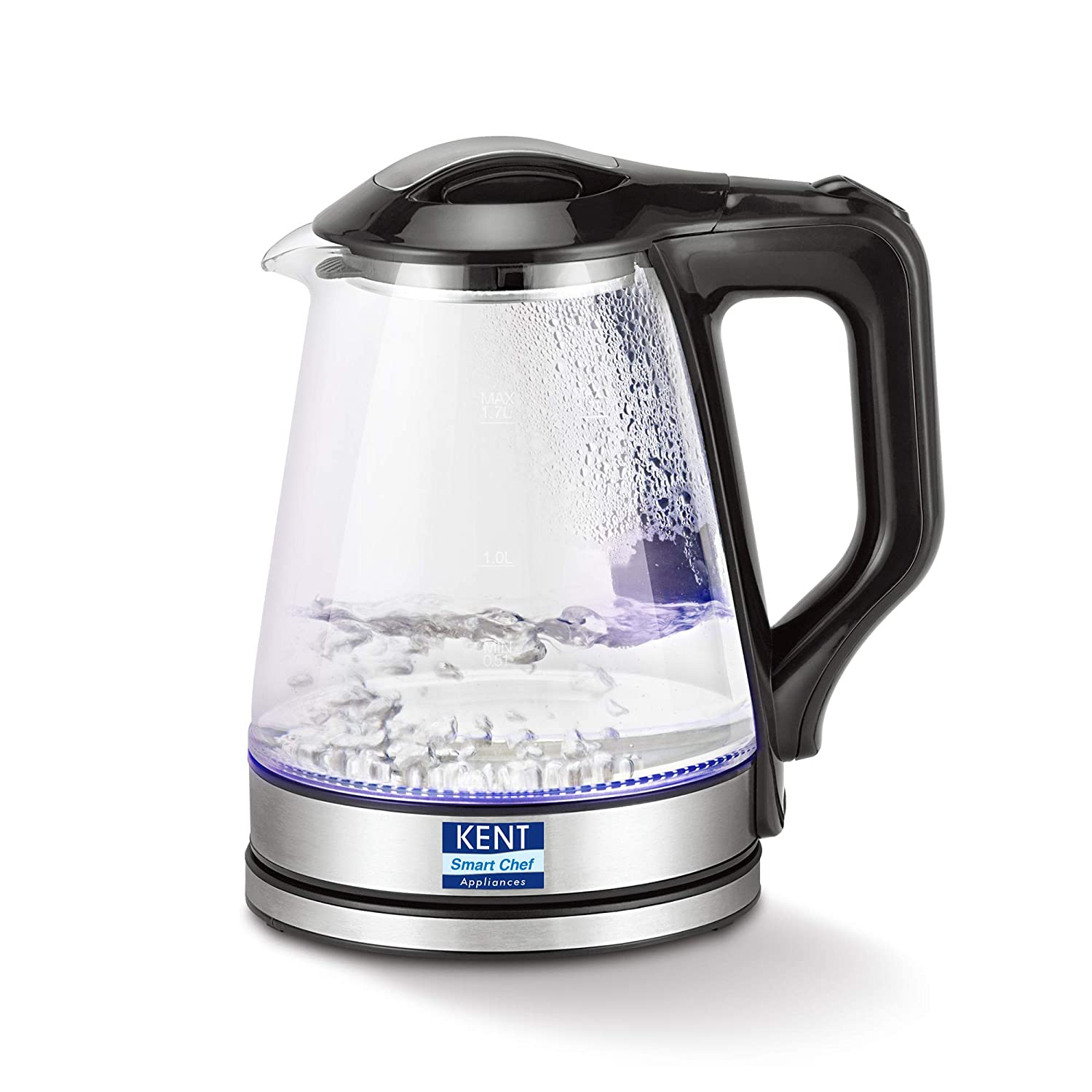 KENT 16023 ELECTRIC GLASS KETTLE 1.7 L | 1500W | STAINLESS STEEL HEATING PLATE | BOROSILICATE GLASS BODY | BOIL DRYING PROTECTION | 360° ROTATING BASE