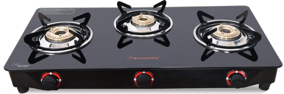 BUTTERFLY SMART GLASS 3 BURNER GAS STOVE, BLACK, MANUAL