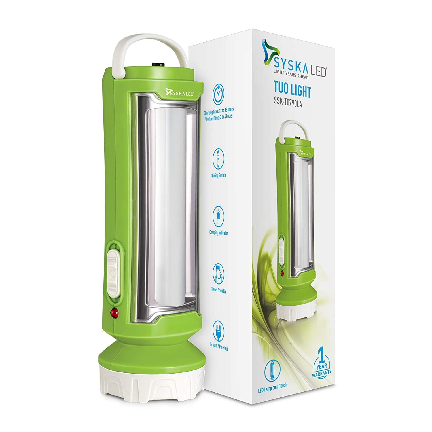 SYSKA T0790LA TUO PORTABLE RECHARGEABLE LED LAMP CUM TORCH WITH UPTO 4HRS BACKUP (GREEN-WHITE)