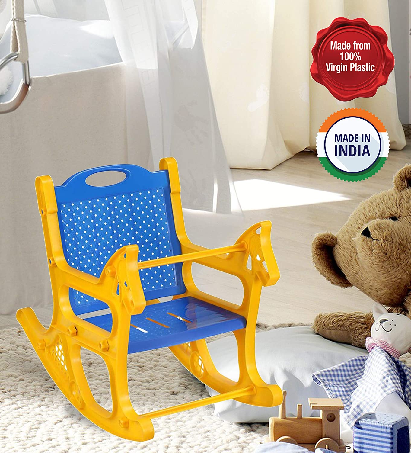 PRIMA DELUXE BABY ROCKING PLASTIC CHAIR FOR KIDS, TODDLERS, ROCKER AND BOUNCER WITH BACKREST FOR 6 MONTHS-3 YEARS AGE KIDS - BLUE & YELLOW