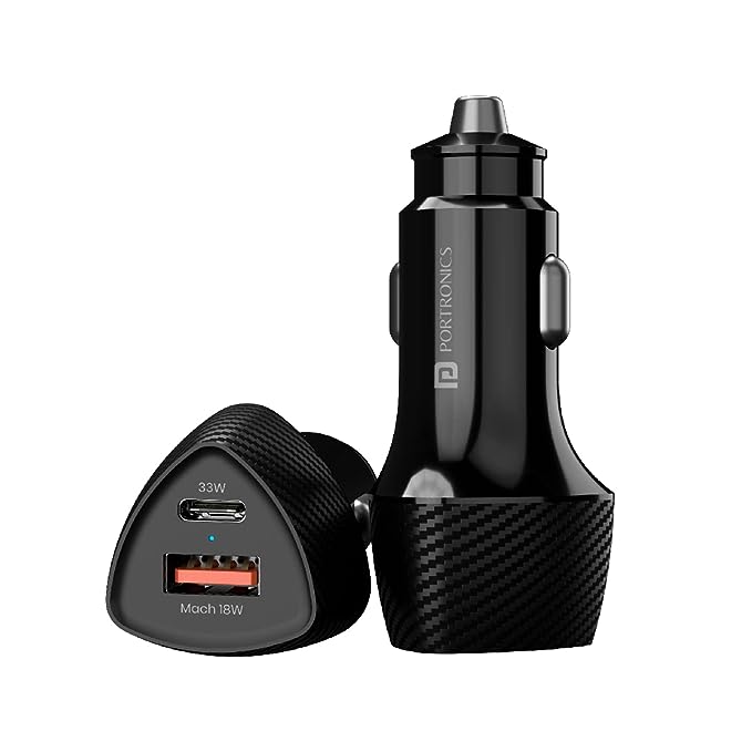 PORTRONICS 51W CAR POWER 16 CAR CHARGER WITH DUAL OUTPUT (33W PD TYPE C PORT + 18W USB A PORT), FAST CHARGING COMPATIBLE WITH IPHONES 10/11/12/13/14, IPADS 9TH/10TH GENERATION, GALAXY TABS & MORE(BLACK)