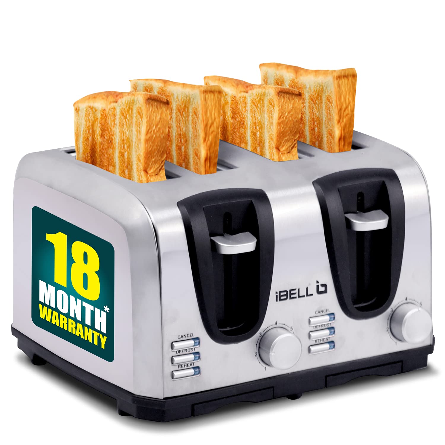 IBELL 2-IN-1 BREAD TOASTER, 4 SLICES, DUAL CONTROLS, AUTO POP UP, DEFROST, REHEAT AND CRUMB TRAY | SILVER