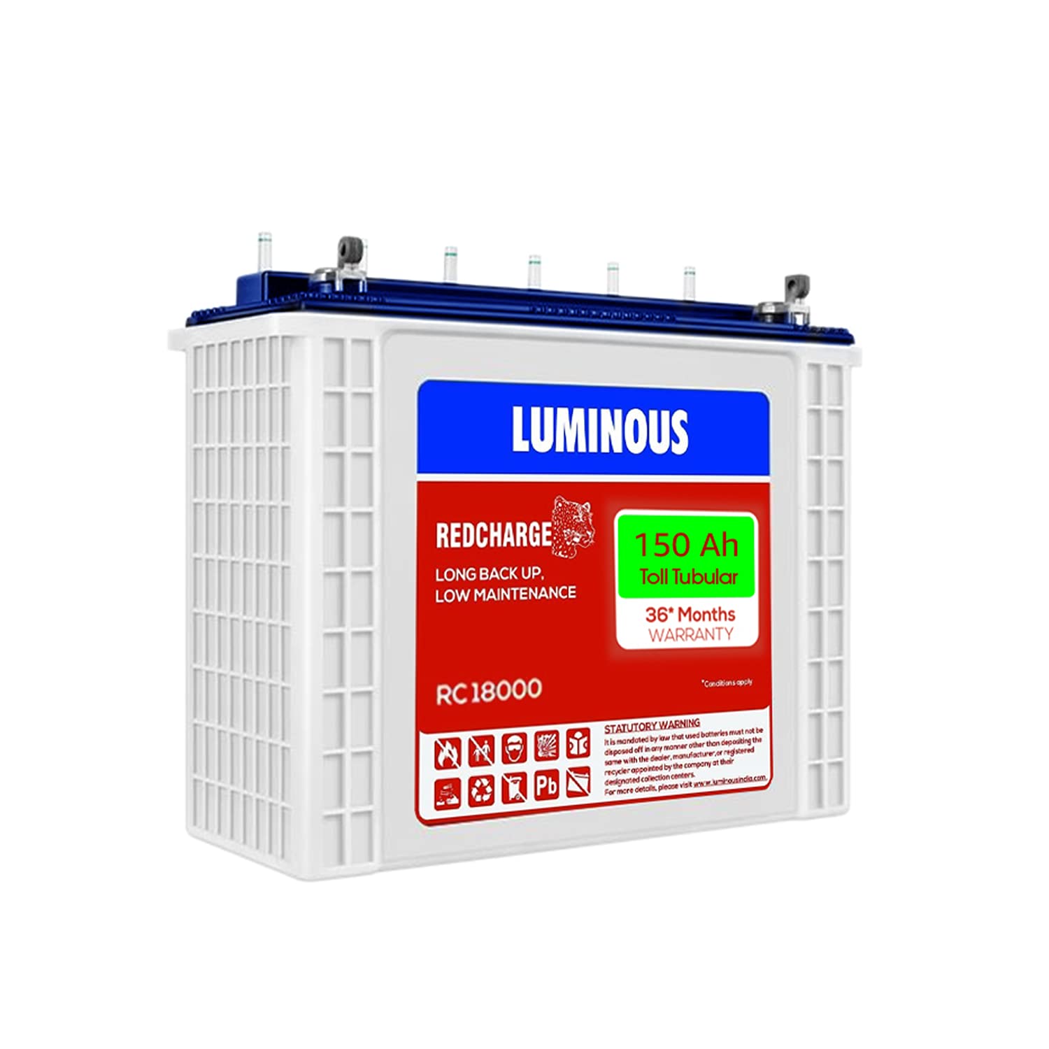 LUMINOUS RED CHARGE RC 18000 150 AH, RECYCLABLE TALL TUBULAR INVERTER BATTERY FOR HOME, OFFICE & SHOPS (BLUE & WHITE)