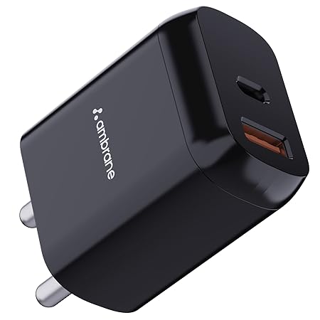 AMBRANE 30W USB & TYPE-C DUAL PORT BOOSTED SPEED MOBILE CHARGER ADAPTER, FAST CHARGER WITH QC & PD TECHNOLOGY, COMPATIBILITY WITH IPHONE & ANDROID, MADE IN INDIA, COMPACT & DURABLE(RAAP H33, BLACK)