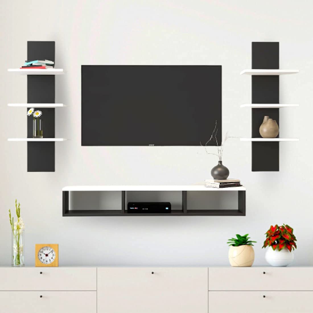 FURNIFRY WOODEN TV PANEL/TV ENTERTAINMENT UNIT WITH 2 WALL SHELF/WALL SET TOP BOX SHELF STAND/TV PANEL FOR WALL/TV PANEL CABINET FOR HOME/LIVING ROOM/IDEAL FOR TV UPTO 42