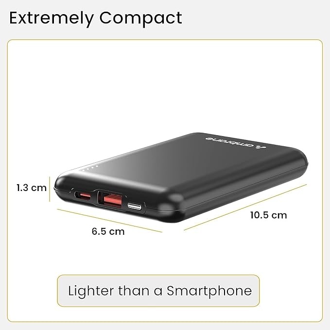 AMBRANE 10000MAH SLIMMEST & COMPACT (POCKET/BAG FRIENDLY) POWERBANK, 22.5W FAST CHARGING, USB & TYPE C OUTPUT, POWER DELIVERY, QUICK CHARGE FOR IPHONE, ANDROID & OTHER DEVICES (POWERLIT, BLACK)