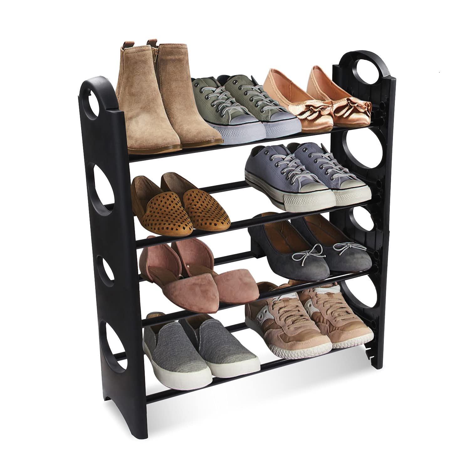 BIGKART MULTIPURPOSE FOLDABLE SHOE RACK CABINET ORGANISER 4 SHELVES, BLACK (IRON AND PLASTIC)