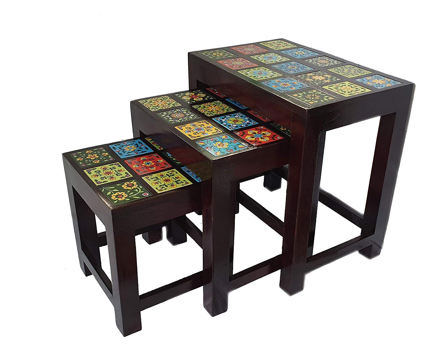 RSN MDF WOOD VINTAGE NESTING STACKING END SIDE COFFEE TABLES/NIGHT TABLES (DARK BROWN) - SETS OF 3